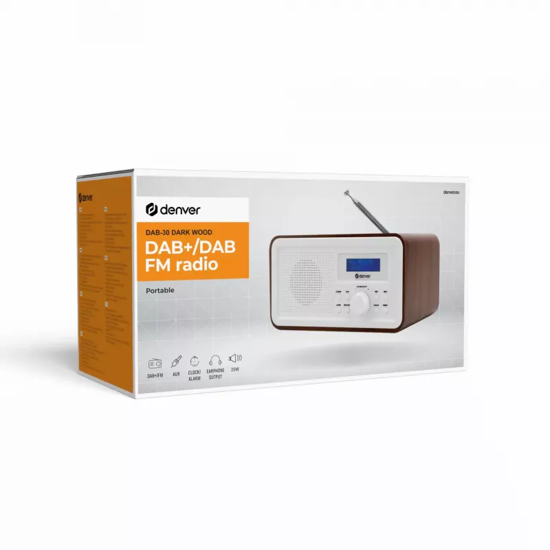 Rádio DENVER DAB-30DW rádio de mesa DAB/FM com acabamento em madeira escura