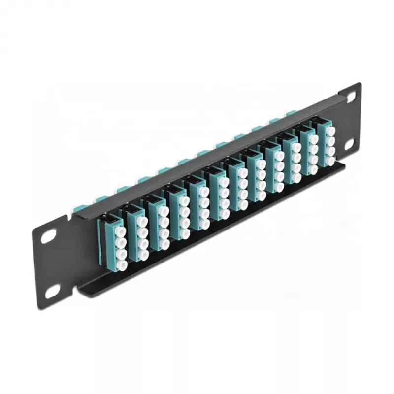 Patch panel de fibra ótica DeLOCK 10 polegadas 12 portas LC quad aqua 1U preto