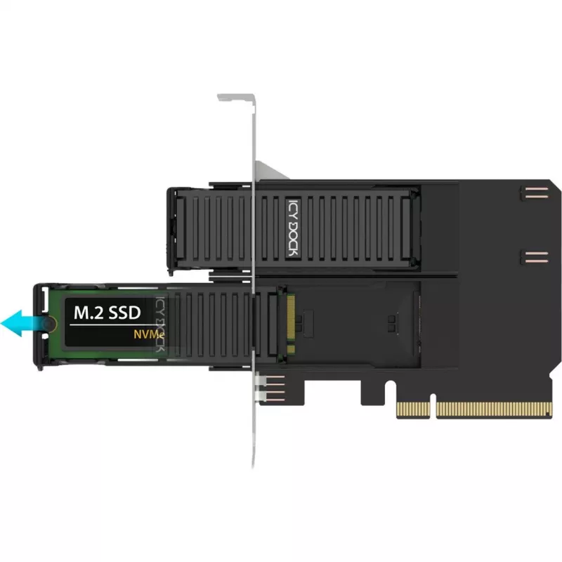 Placa adaptadora PCIe icybox MB312M4P-B — 2× M.2 NVMe para PCIe 4.0 x8 (bifurcação)