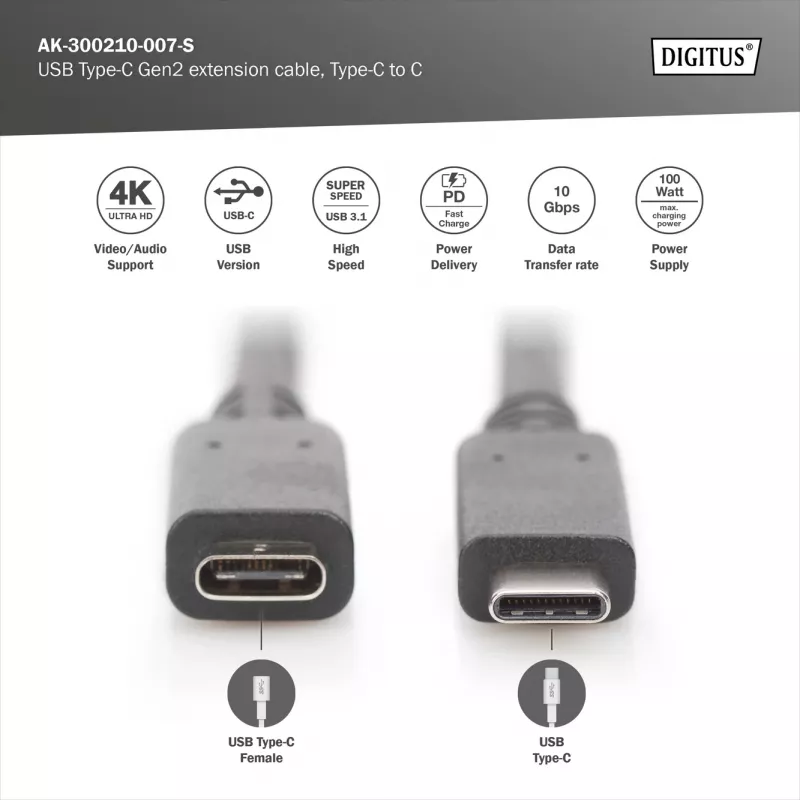 Cabo de extensão USB Type-C Digitus AK-300210-007-S 0,7 m