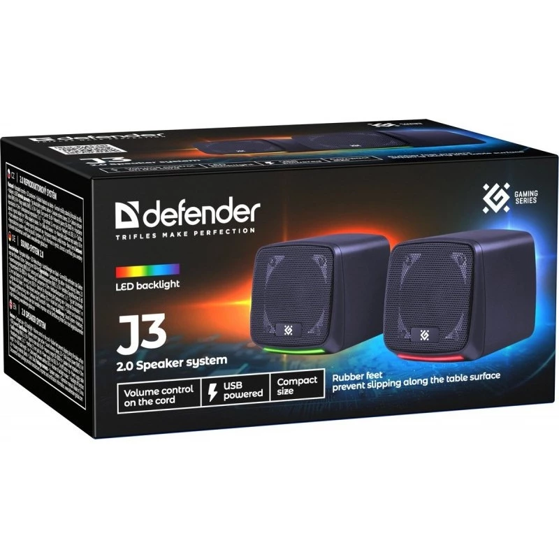 Defender J3 2.0 colunas para PC, 6 W, LED, alimentação USB, AUX, 90–20000 Hz, pretas