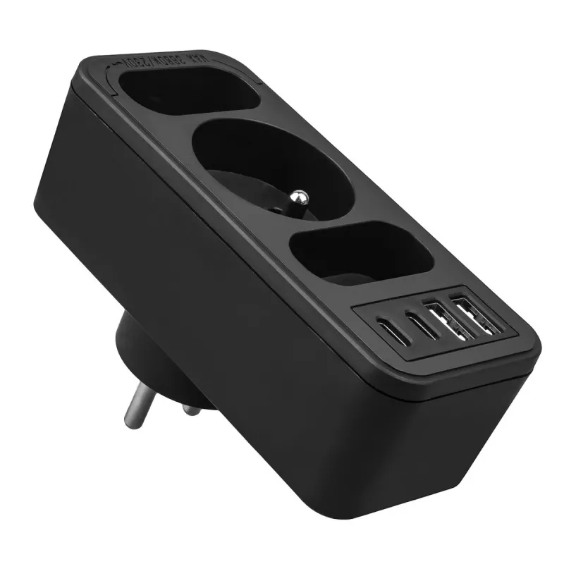 Power Splitter MACLEAN MCE248 F/B — 3 tomadas AC (1x16A, 2x6A) e 4 portas USB (2xUSB‑A, 2xUSB‑C PD 20W), ficha EU, preto