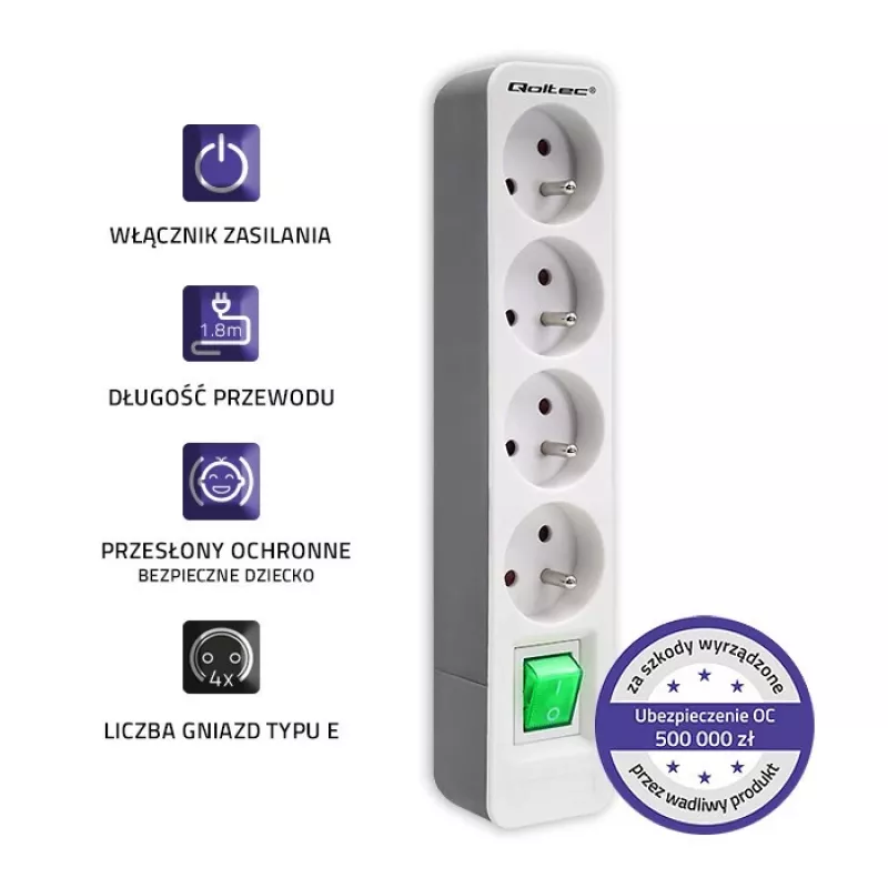 Extensão de energia Qoltec 50288 1,8 m 4 tomadas AC Interior Branco