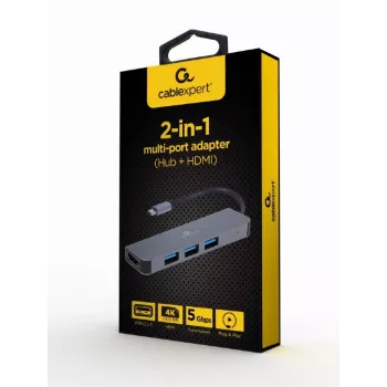 Dock para portátil USB-C GEMBIRD A-CM-COMBO2-01 — USB 3.2 Gen 1 Type-C, 3× USB-A, 1× HDMI, cinzento