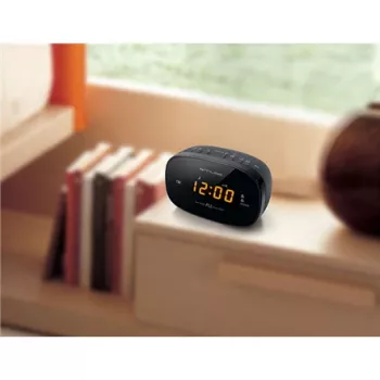 Muse M-150CR rádio-despertador, PLL FM, ecrã LED âmbar com regulador de brilho, alarme (rádio/besouro), 230 V com bateria de reserva 2x AAA, preto