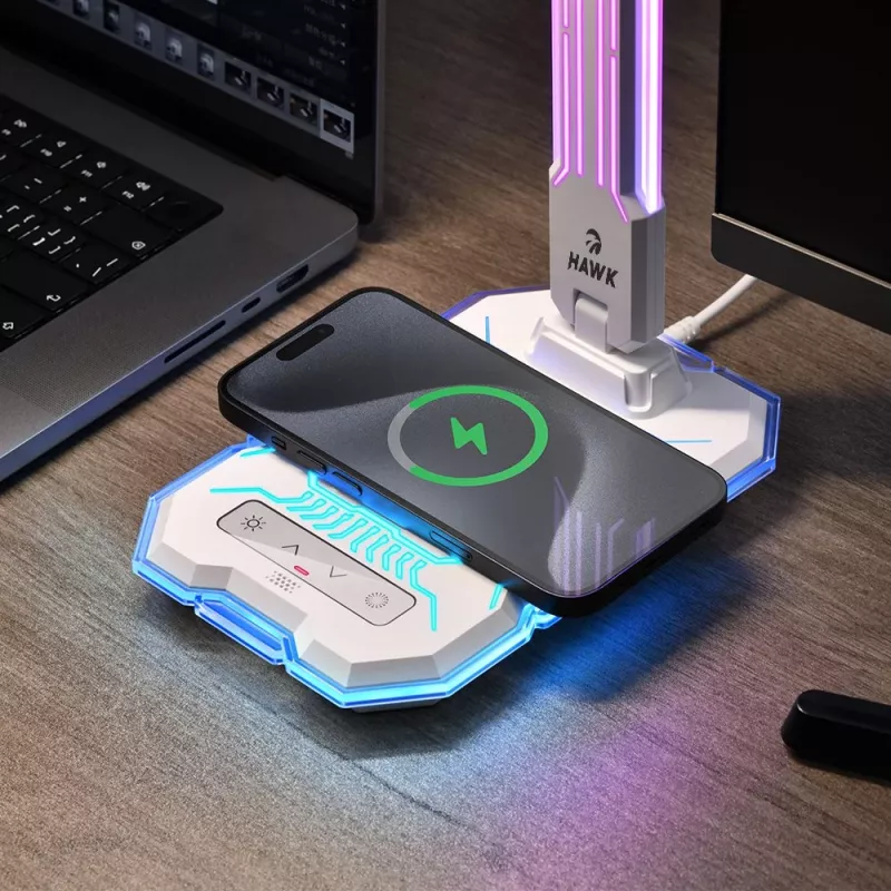 Candeeiro de mesa Hawk HW-LAMP04 branco LED ajustável, superfície branca, cabeça e braço ajustáveis