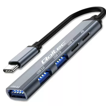 Qoltec 53790 Hub adaptador USB-C 3.1 5em1 | USB-C PD | USB-C | 2x USB 2.0 | USB 3.0