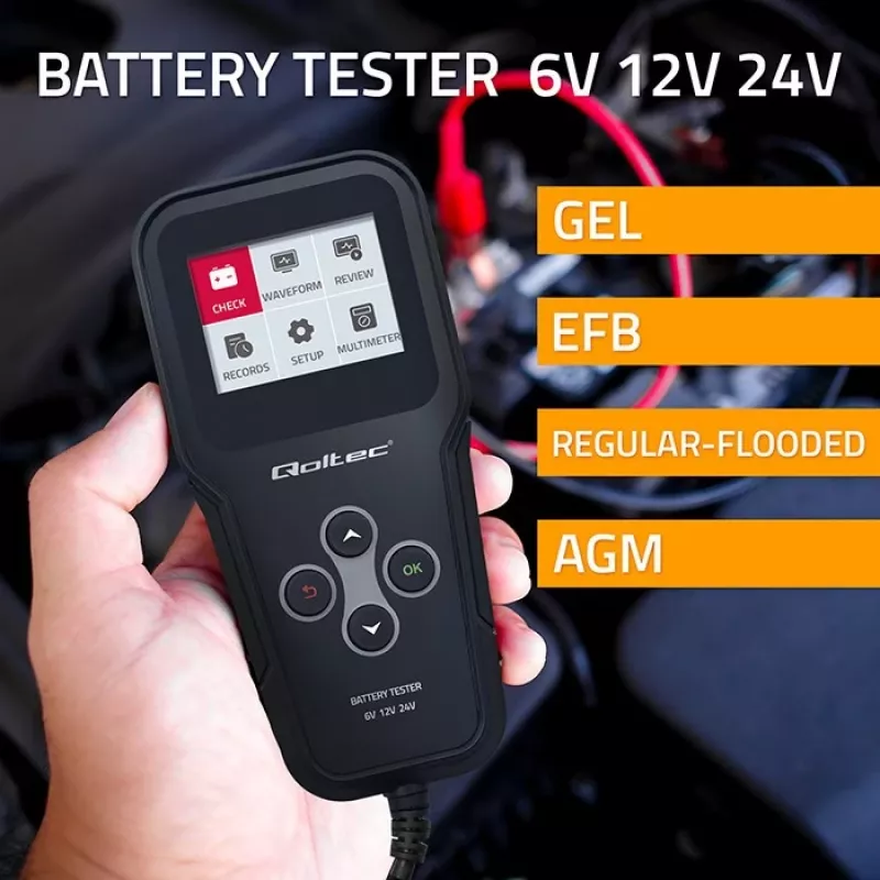 Qoltec 52489 Analisador e testador digital de baterias 3-em-1 com LCD e multilingue 6V | 12V | 24V | 30Ah-200Ah