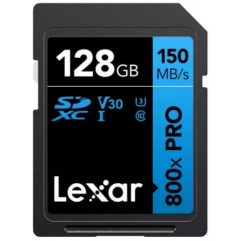 Cartão de memória SDXC Lexar 128GB UHS-I 800xPRO Class 10 U3 V30 — 150 MB/s leitura, 45 MB/s escrita, preto