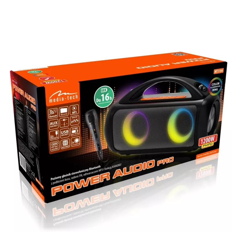Coluna portátil MEDIA-TECH MT3184 — Bluetooth 5.3, 60W RMS, IPX5, bateria Li-Ion 16h, porta de carregamento USB-C, MicroSD, TWS, microfone, telecomando