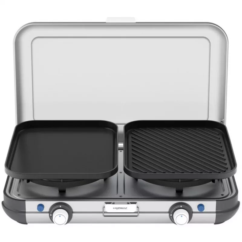 Fogão de campismo com grelhador portátil Campingaz 2213311, 2 zonas, 5,4 kg, 490×350 mm, preto/cinzento/prateado