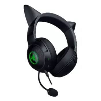 Kraken Kitty V2 - Preto, Auscultadores gaming, Orelhas de gato, Iluminação reativa a streams, Microfone cardioide HyperClear, Drivers TriForce de 40 mm, Microfone integrado nas almofadas, Razer Chroma RGB (orelhas e almofadas), Som surround: Disponível apenas em