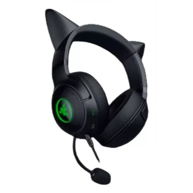 Kraken Kitty V2 - Preto, Auscultadores gaming, Orelhas de gato, Iluminação reativa a streams, Microfone cardioide HyperClear, Drivers TriForce de 40 mm, Microfone integrado nas almofadas, Razer Chroma RGB (orelhas e almofadas), Som surround: Disponível apenas em