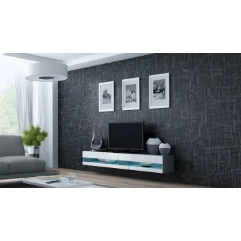 Suporte de TV Cama Meble VIGO NEW 30/140/40 — 1400×400×300 mm, tampo cinzento, aglomerado, estrutura cinzenta, frentes brancas brilhantes