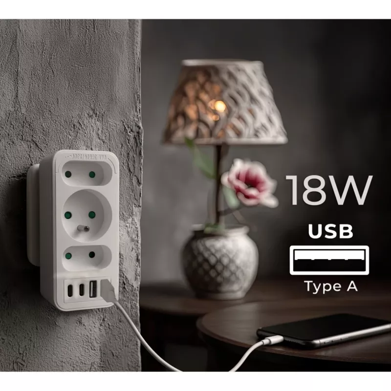 Power Splitter MACLEAN MCE248 F/W — 3 tomadas AC (1×16A, 2×6A) + 4×USB (2×A, 2×C PD 20W), ficha EU, branco