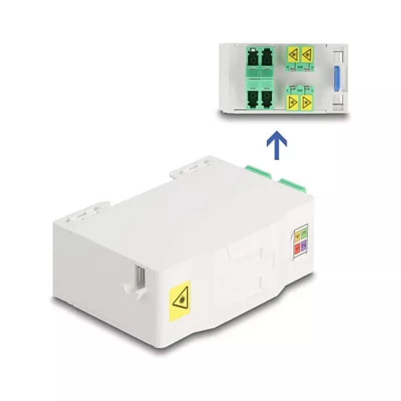 Delock 88098 Caixa de ligação de fibra ótica para calha DIN com suporte de emendas, 4x LC Duplex