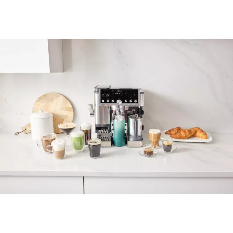 Máquina de café expresso Ninja ES701EU – café/expresso semiautomático, moinho integrado, depósito de água 2 l, 1650 W, 25 níveis de moagem, recipiente de leite, bomba de 14 bar