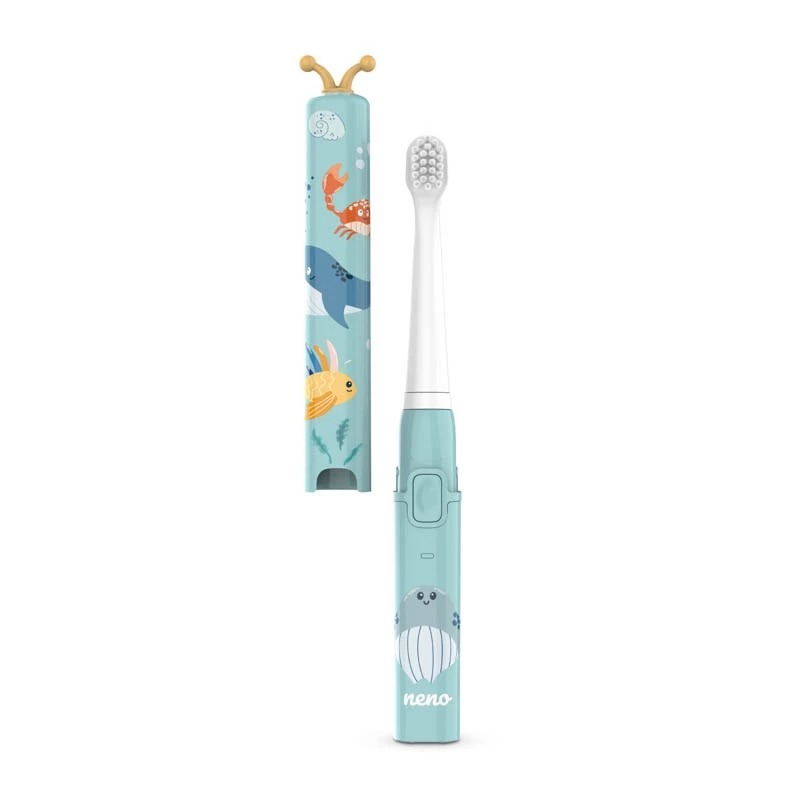 Escova de dentes elétrica infantil neno Pulito – escova vibratória compacta recarregável, 2 cabeças de escova, modo de massagem, temporizador de 2 minutos, bateria de iões de lítio