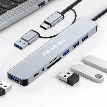 Hub USB-C QOLTEC 4x USB + leitor de cartões SD/TF modelo 53794
