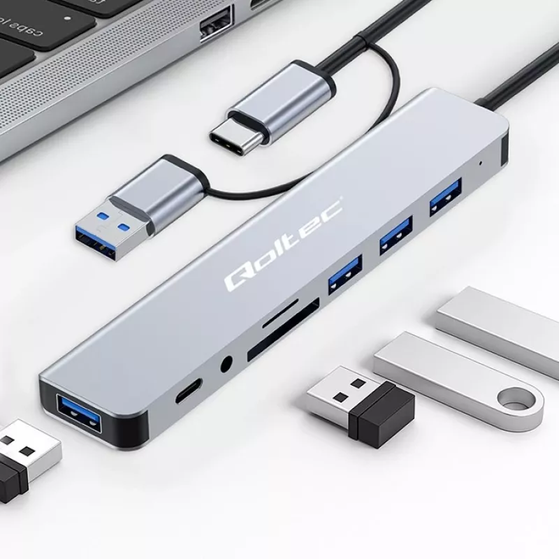 Hub USB-C QOLTEC 4x USB + leitor de cartões SD/TF modelo 53794