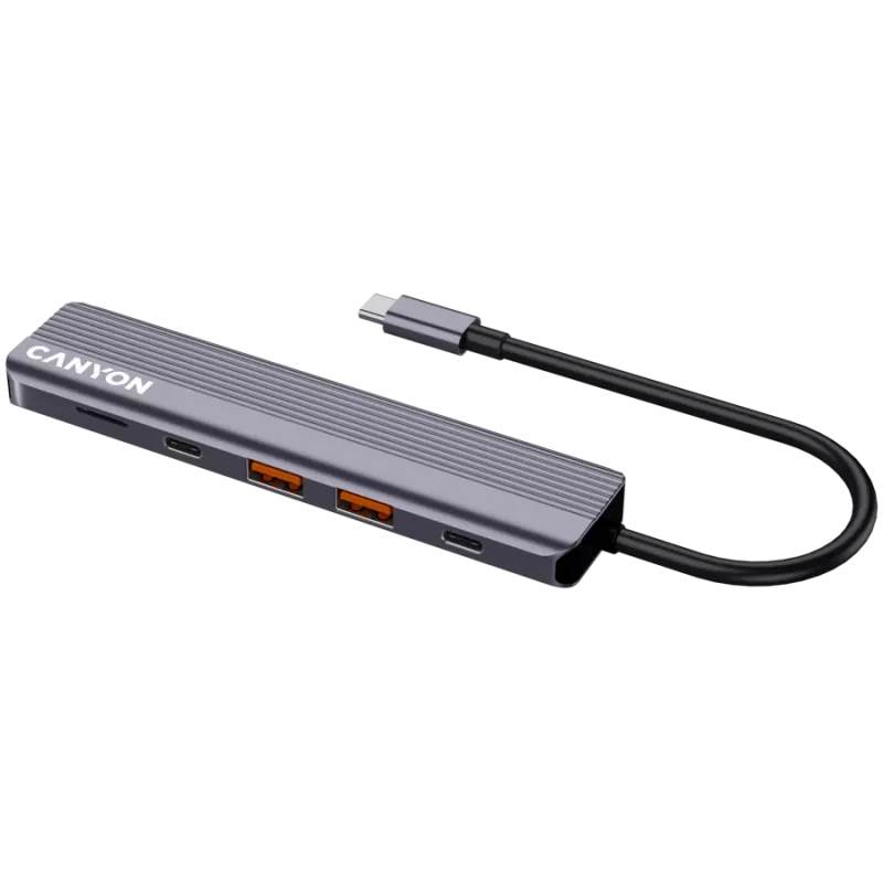 Hub USB Type-C CANYON DS-17 — HDMI, USB 3.2 Gen 1 A, USB-C, MicroSD, 10000 Mbit/s, cinzento