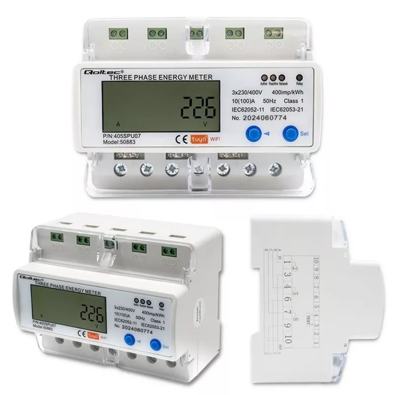 Contador de energia trifásico QOLTEC 50883 Wi‑Fi 400V com ecrã LCD