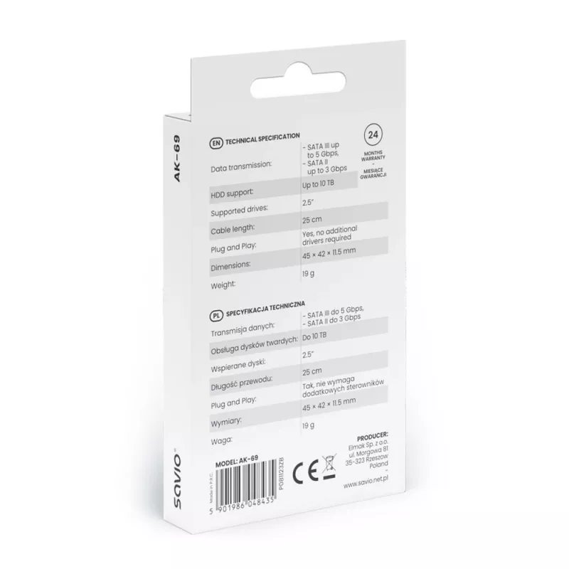 Cabo de interface SATA para USB-C SAVIO AK-69, conector fêmea SATA para conector macho USB-C, USB 3.2 Gen 1 (5 Gbit/s), 0,25 m, preto