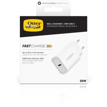 Carregador de parede OTTERBOX 30W USB-C PD branco — saída de 30W, uma porta USB‑C