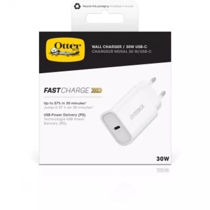 Carregador de parede OTTERBOX 30W USB-C PD branco — saída de 30W, uma porta USB‑C