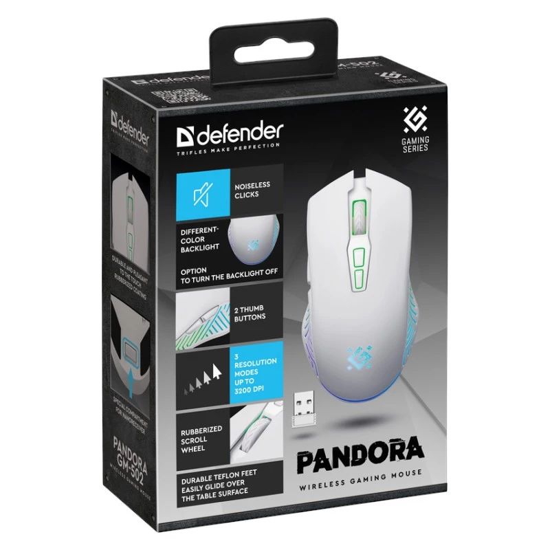 Rato gaming sem fios DEFENDER Pandora White – ambidestro, 3200 DPI, 6 botões, programável, ótico, USB