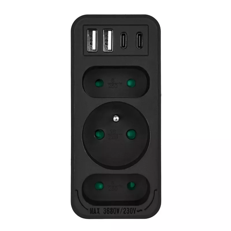 Power Splitter MACLEAN MCE248 F/B — 3 tomadas AC (1x16A, 2x6A) e 4 portas USB (2xUSB‑A, 2xUSB‑C PD 20W), ficha EU, preto