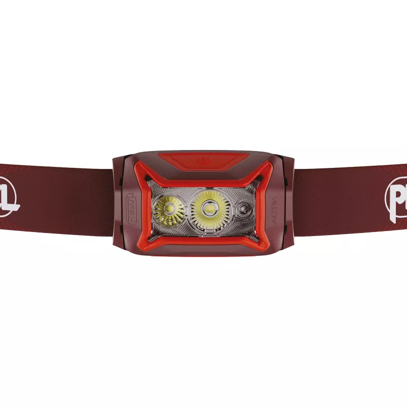Lanterna frontal Petzl Actik Core — LED, 100 lm, bateria USB-A de 1250 mAh integrada, IPX4, vermelha