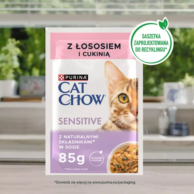 Purina Cat Chow Sensitive Gig com salmão e courgette em molho - comida húmida para gatos - 85 g