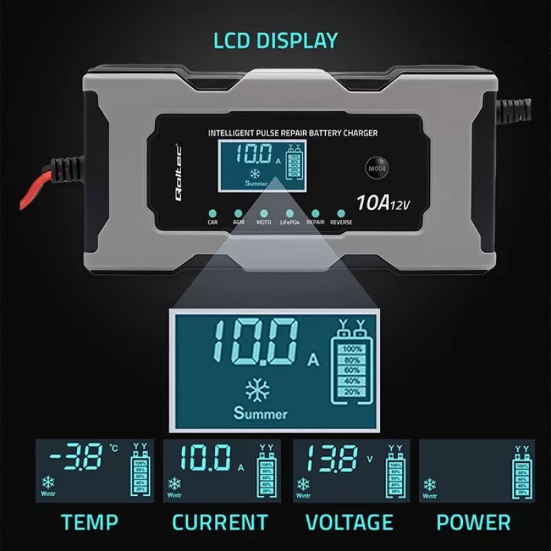Carregador QOLTEC 52493 12V 10A com função de reparação para baterias AGM
