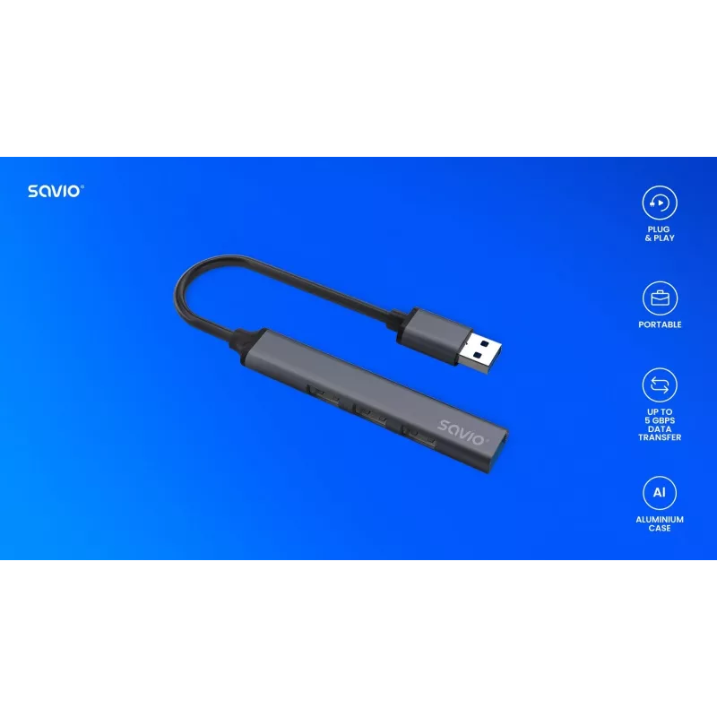 Savio AK-70 hub USB-A, 4 em 1: 3 x USB-A 2.0 + 1 x USB-A 3.1 Gen 1, 5 Gbps