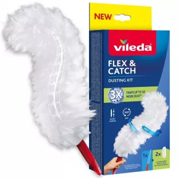 Espanador VILEDA cabo curto 179432 com 2 recargas Flex & Catch, cabo de plástico vermelho, para pendurar