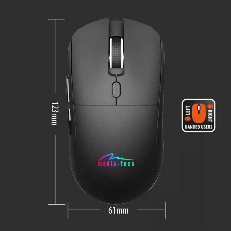 Rato sem fios MEDIA-TECH MT1124 BT/RF Silent & Recharge — ambidestro, 3200 DPI, Bluetooth + 2,4 GHz USB, 6 botões, recarregável