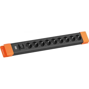 Régua de tomadas Bachmann CONNECTUS com 9 tomadas CEE 7/3, 1 interruptor, cabo de 2,0 m — preto/laranja