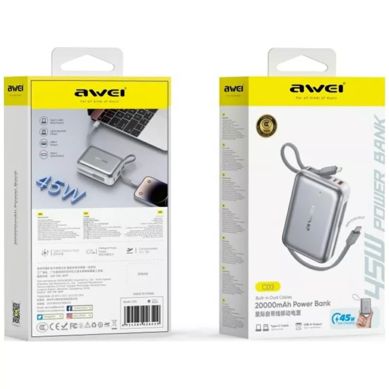 Powerbank portátil Awei C03 20000mAh com saída de 45W e cabo USB-A/USB-C integrado