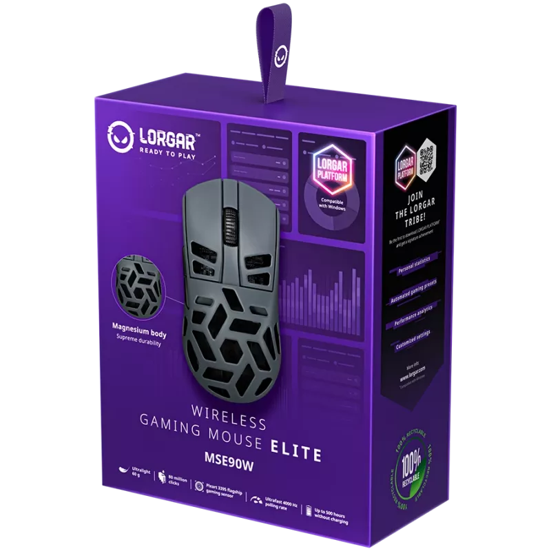 Rato gaming sem fios LORGAR MSE90W, liga de magnésio Elite, cinzento escuro