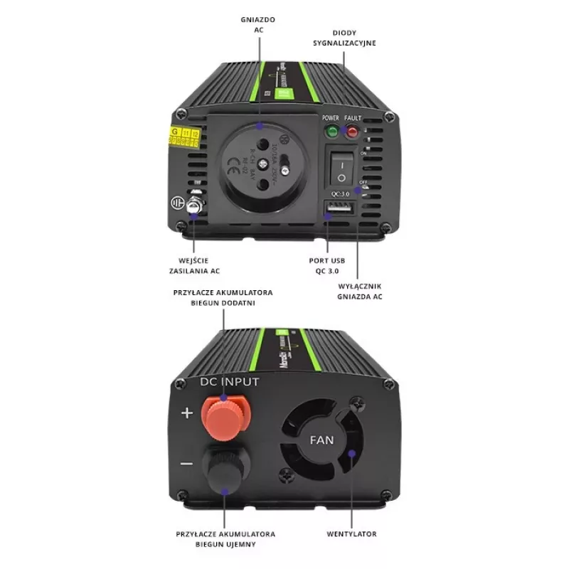 Adaptador/inversor de alimentação para automóvel Qoltec Monolith 600 W preto