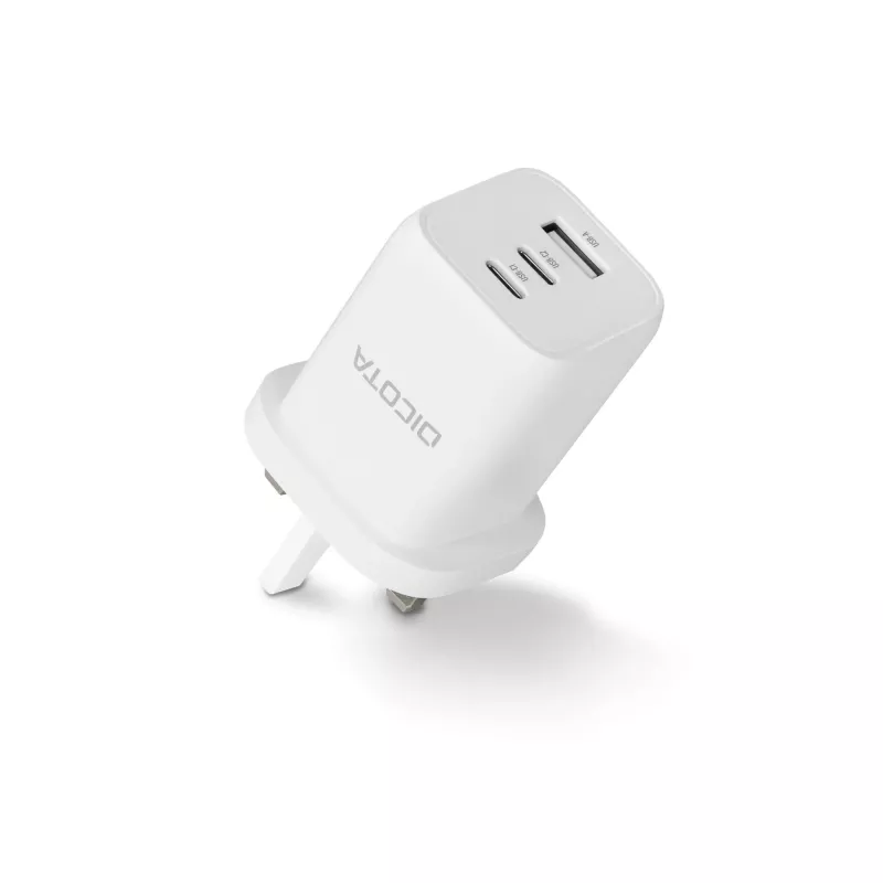 Fonte de alimentação Dicota - compacta, GaN - 65 Watt - 5 A - PD 3.0 - 3 portas de saída (2 x USB-C, USB)