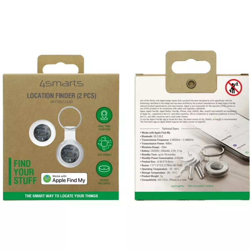 Localizador 4smarts SkyTag Lucid pack de 2 – rastreador Bluetooth-GPS, branco
