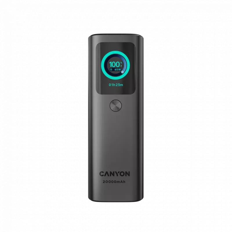 Powerbank CANYON OnPower 265 com cabo integrado, 20000mAh, 165W, alumínio, cinzento-escuro