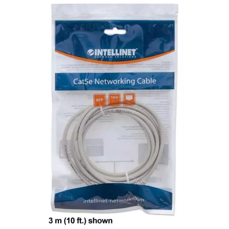 Cabo de patch de rede Intellinet, Cat6, 0,5 m, cinzento, CCA, U/UTP, PVC, RJ45, contactos banhados a ouro, proteção da patilha, proteção anti-dobra moldada, garantia vitalícia