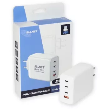Fonte de alimentação ALLNET PSU-GaNPD-USB-1A3C-200W — carregador USB GaN 200W, 1× USB-A, 3× USB-C