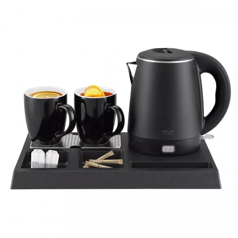 Adler AD 1387 chaleira elétrica de hotel com tabuleiro e chávenas, 1 l, aço inoxidável
