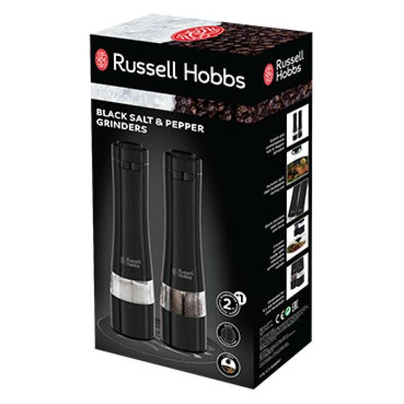 Conjunto de moinhos de sal elétricos Russell Hobbs 28010-56 (alta qualidade, automático, moagem ajustável, luz na base, design metálico preto) Moinho de pimenta
