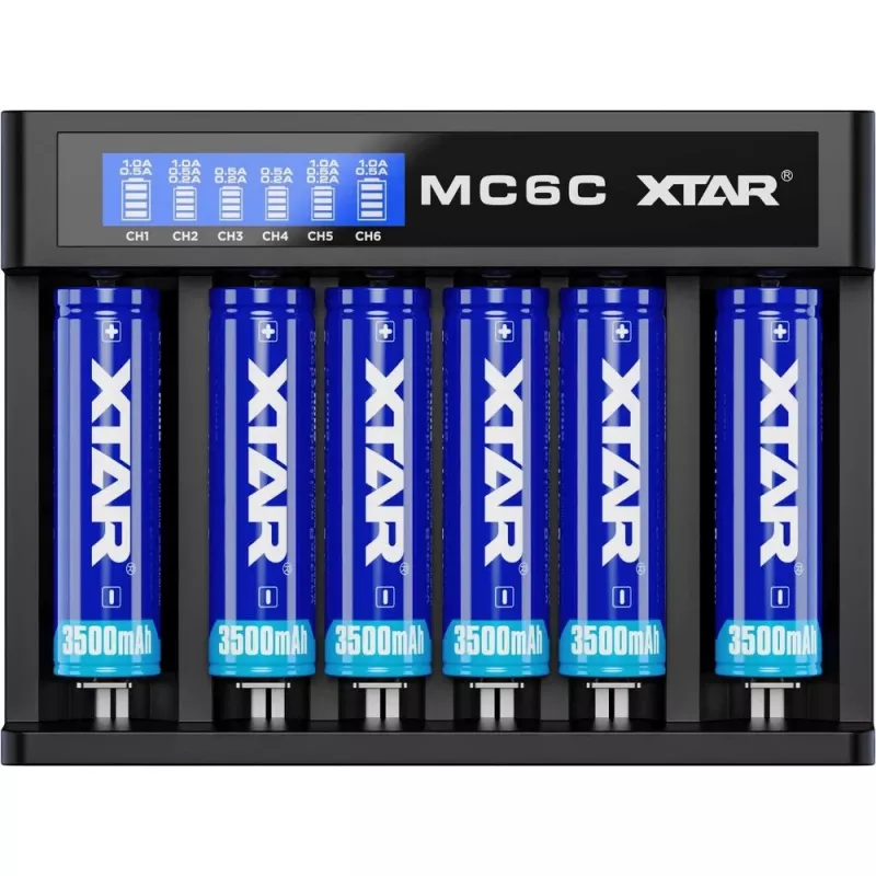 Carregador XTAR MC6C multi-slot inteligente para células cilíndricas Li-Ion, 6 slots, suporta 18650/21700/AA, entrada 5V, preto