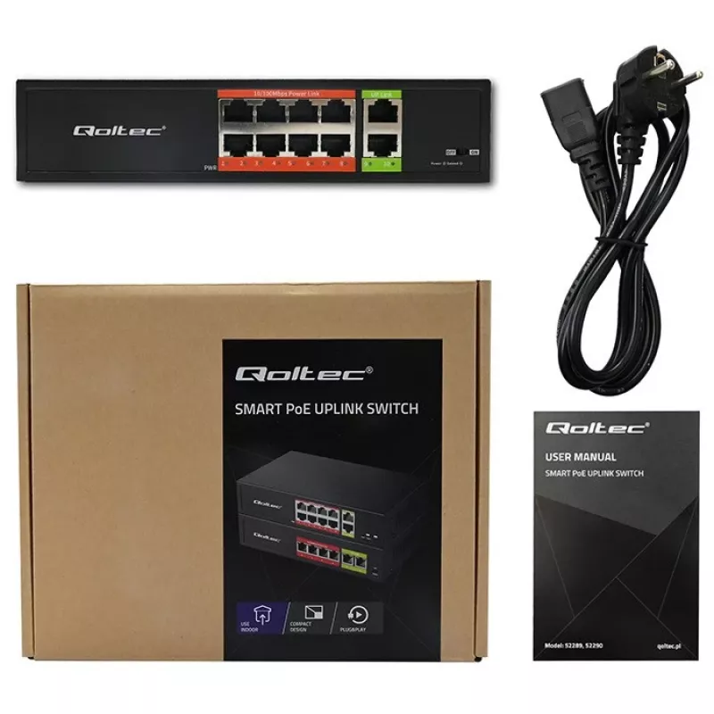 Switch de rede QOLTEC Fast Ethernet PoE 8xRJ45 com 2xRJ45 uplink